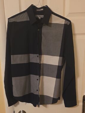 Express Men’s Black, Gray & White Block-Check Button-Up Shirt